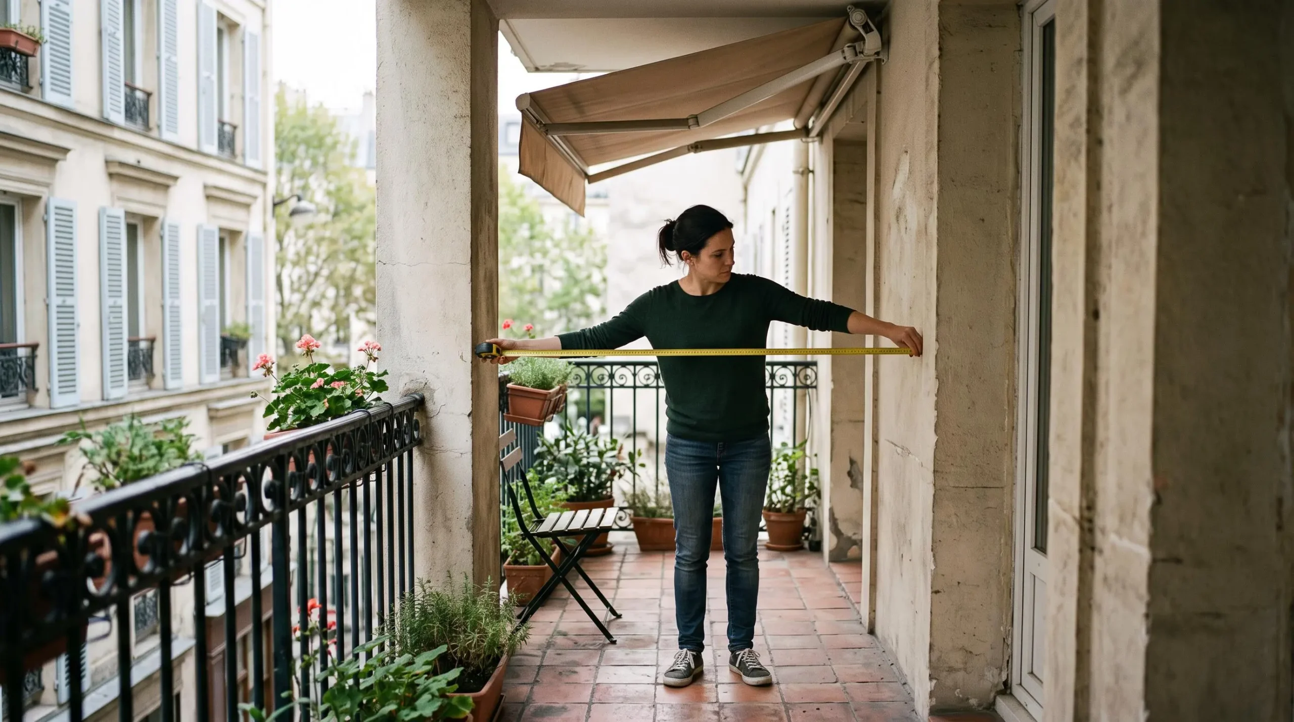 Une femme mesure la largeur de son balcon avec un mètre ruban sous un store banne compact fixé au plafond.