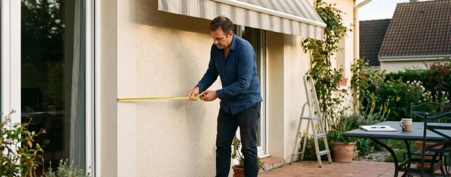 Un particulier mesure la largeur du mur de sa terrasse avec un mètre ruban sous un store banne partiellement déployé.