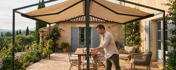 Terrasse de 60 m² ombragée par un store banne à double toile en double pente, manipulé à la manivelle par un homme.
