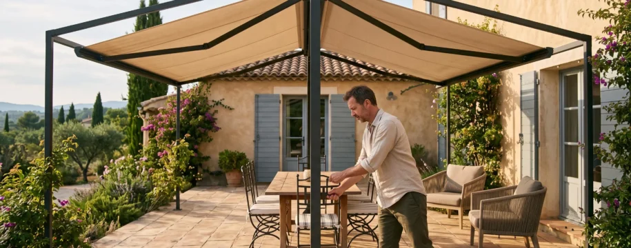 Terrasse de 60 m² ombragée par un store banne à double toile en double pente, manipulé à la manivelle par un homme.